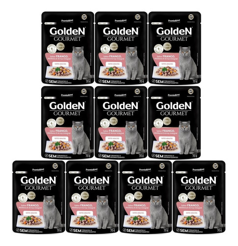 Kit 10 Unidades Sachê Golden Gourmet Frango Gato Adulto 70g