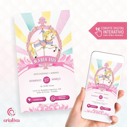 Convite Digital Virtual Aniversário Carrossel Mágico Rosa