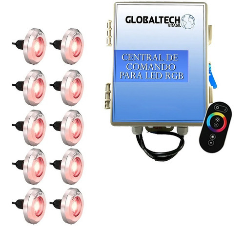 Led Piscina - Kit 10 Tiny Inox Rgb 10w + Controle + Central 110V/220V