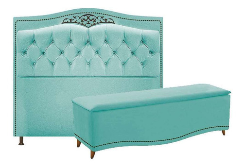 Kit Cabeceira E Calçadeira Yasmim 140 Cm Casal Suede Tiffany Cor Azul