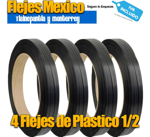 4 Rollos Fleje De Plástico Negro 1/2 Pp 920m 5.200 Kgs
