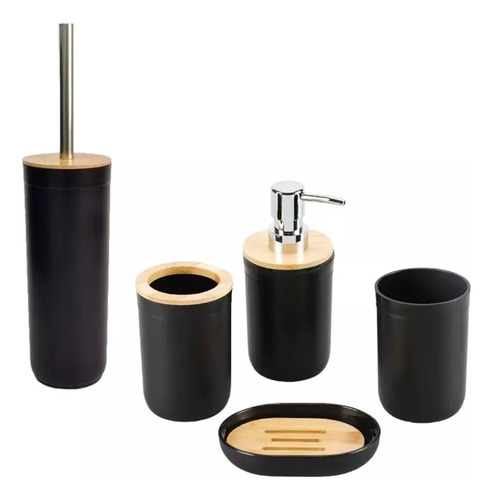Set De Baño Bambú Plástico X5 Negro Escobilla Dispenser Jabo