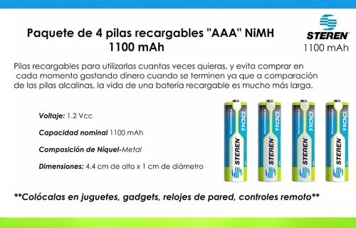 Paquete de 4 pilas recargables de alta capacidad AAA NIMH 1100 MAH BAT-NM- AAA/1100 Steren 