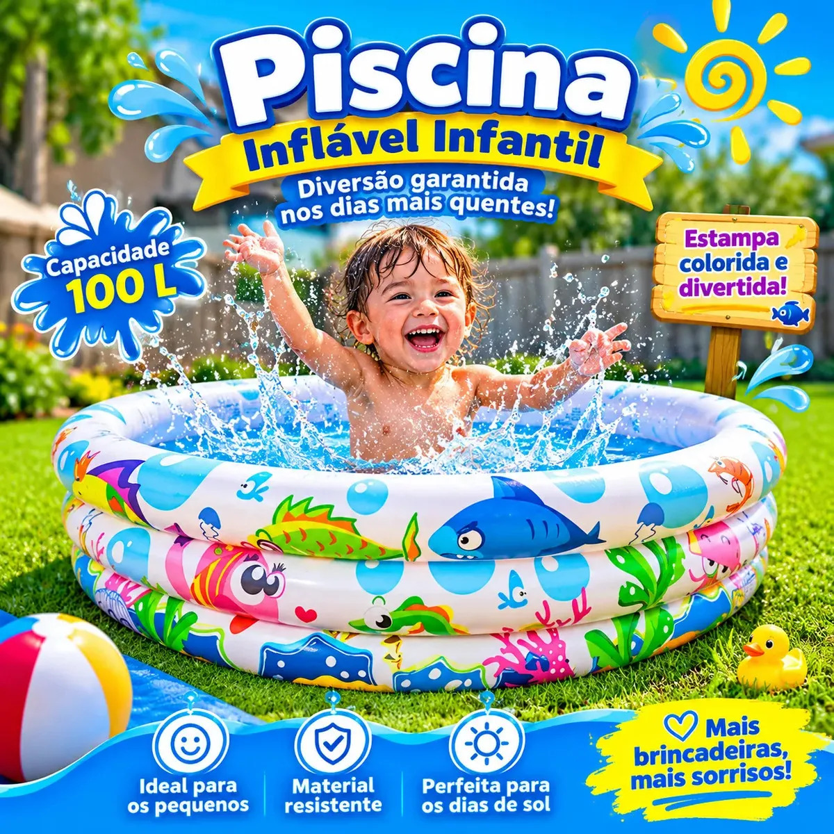 Piscina Inflável Redonda 100 Litros 3 Aneis Fundo Do Mar Criança Infantil Wemov