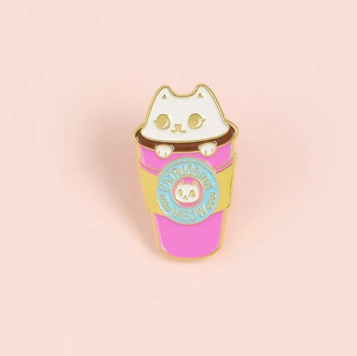 Pin Metálico Gato Starbucks Capuchino Café Kawaii Rosa