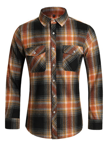 Camisa A Cuadros Para Hombre, Manga Larga, Doble Bolsillo, C