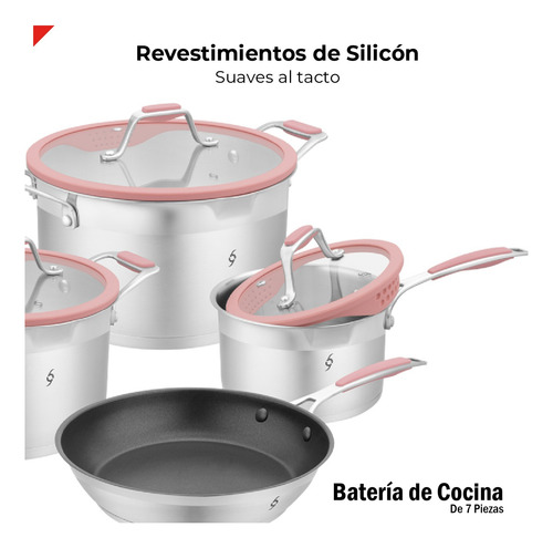 Bogner Batería De Cocina 7 Pz Acero Inox Bcps06 Rosa Rosa