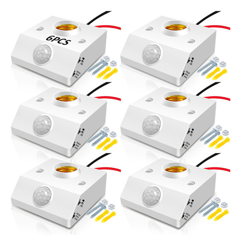 Time4buy 6pcs Socket E27 con Sensor de Movimiento PIR,Portalámpara con Sensor de Cuerpo Humano de E27 Para 2-6M/120°,Retraso de 16/32/262 s,85-265V,Para Lámparas incandescentes/de Bajo Consumo/LED