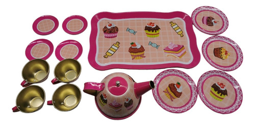 Juego Set De Té Loza Metálico 15 Piezas Juguete Cocina Rosa