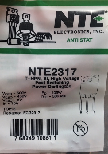 Transistor Nte 2317 To-218 15amp 500v Npn Fast Sw Darlington