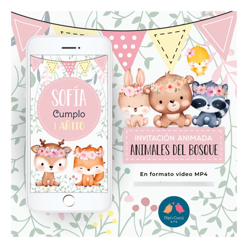 Video Invitación Animada - Con Foto (opcional) Animales Del Bosque - Niña
