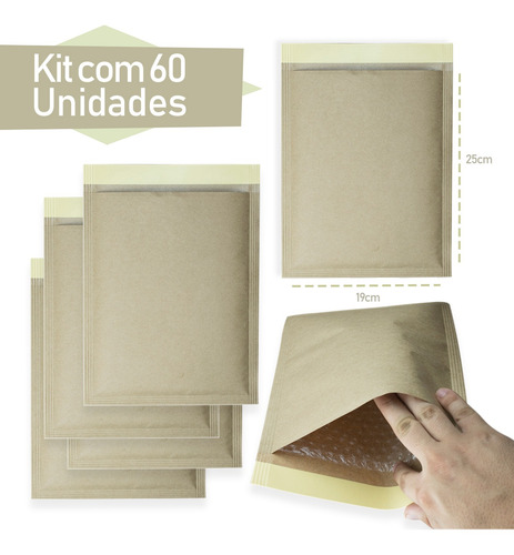 Kit 60 Envelopes Saco Kraft Pardo Com Bolha 19x25 Cm