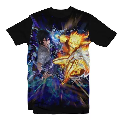 Camiseta Unissex Naruto e Sasuke Modo Sharingan e Kyuubi Uzumaki e