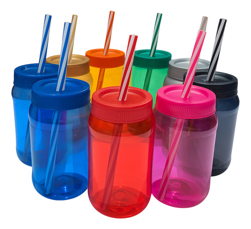 120 Vasos De Fiesta Neón Con Tapa Popote Cilindro Reusable Multicolor