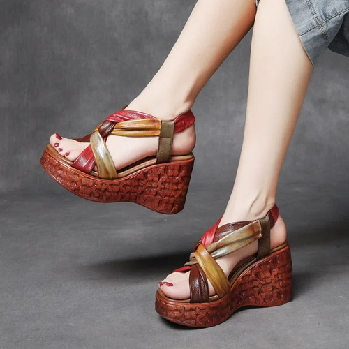 Sandalias Étnicas De Tacón Alto Para Mujer De Cuero Genuino