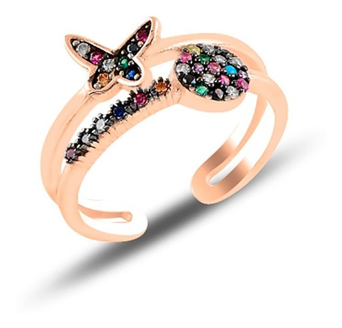 Imagen 1 de 1 de Fino Anillo De Plata .925 Mariposa Multicolor Chapa Rosa