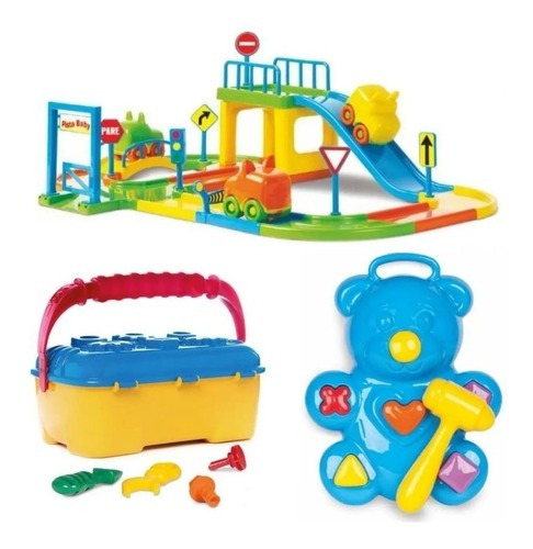 Brinquedos Educativo Kit Pista Carrinhos+maleta+ursinho