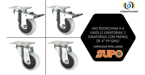 Jgo Rodachina Supo®x4unds(2gira-2g.freno)4pg  324kg Pp Gris