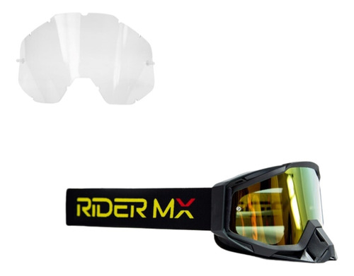 Óculos Motocross Rider Mx Preto/verm/dourado + Lente