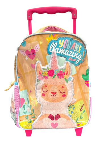 Mochila Carro Lesedife Mini Llamazing Infantil C/ruedas 12'' Color Beige Diseño De La Tela 94.20703.1