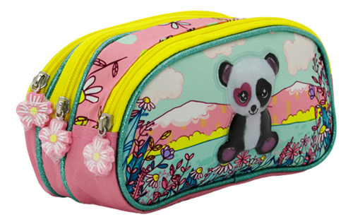 Lapicera Estuchera Escolar Triple Compartimento Panda Rosa Floreado