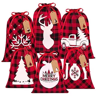 6 Packs Christmas Buffalo Plaid Drawstring Bags Red And...