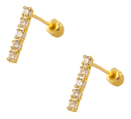 Aretes Broquel Barra 5 Zirconias. 8mm. Oro 10k. Niña. Adulto