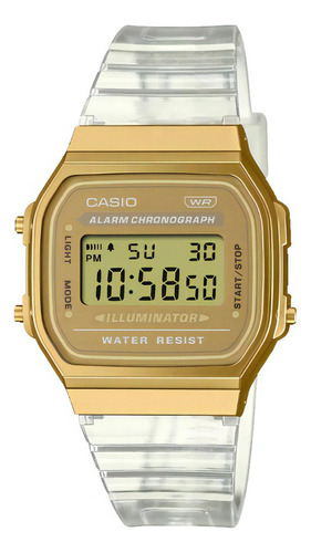 Reloj Casio Retro A168xes Oficial Original Color De La Correa Transparente Color Del Bisel Dorado