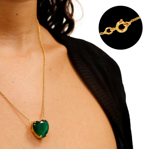 Colar Feminino De Moeda Banhada Com Pingente De Pedra Verde Cor Dourado
