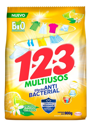 123 detergente en polvo multiusos antibacterial 900g