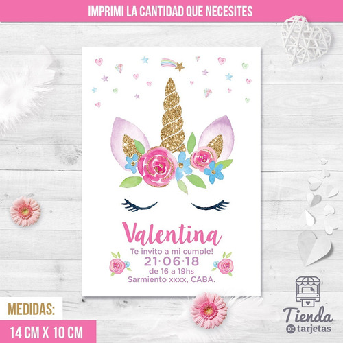 Imagen 3 de 4 de Invitación Digital + Imprimible - Unicornio Con Flores