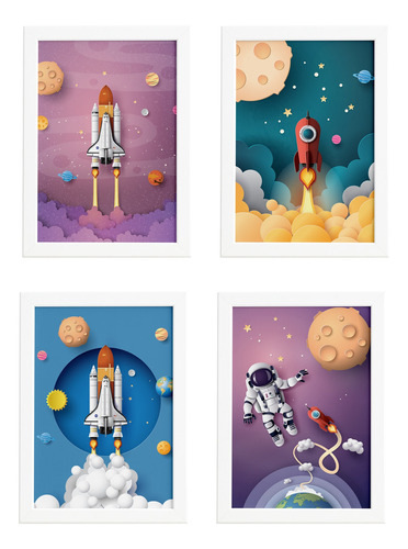 Quadros Astronauta No Espaço Moldura Branca 22x32cm Kit 4un Cor Colorido Cor da armação Branco