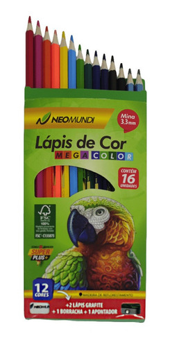 12 Lápis De Cor + 2 Lápis + Borracha + Apontador Neomundi