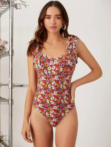 17.body Bustier Floral Ribete En Forma De Lechuga Multicolor