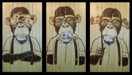 3 Quadros Pirografados - Os 3 Macacos Sábios