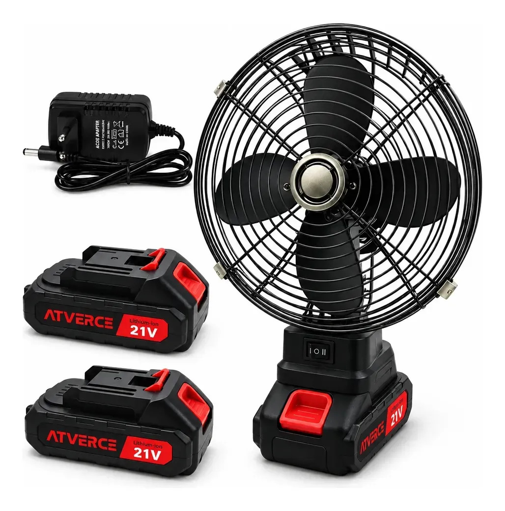 Ventilador Portátil 8 Pol 21v Com 2 Baterias E Carregador Ventilador Recarregável Sem Fio de Mesa a Bateria Dupla para Camping Pesca Trilha Externo Queda de Luz Acampamento Elétrico Potente Silencioso