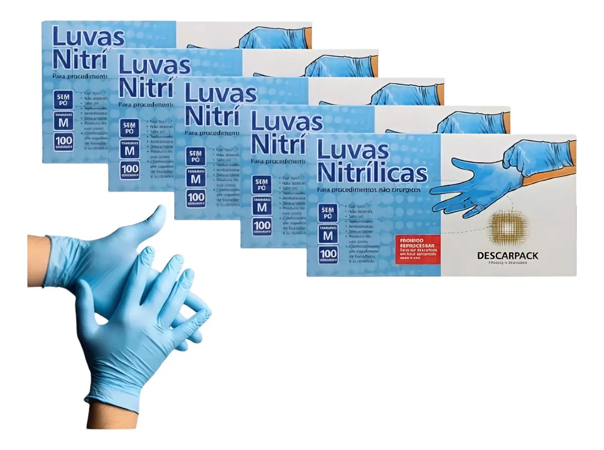Luvas Nitrílica Descarpack, Kit Com 500 Unidades Azul Sem Pó Tamanho M