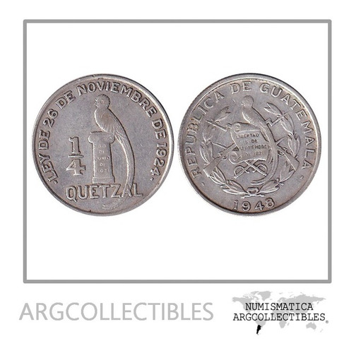 Guatemala Moneda 1/4 Quetzal 1948 Plata 720 Km-243 Vf+