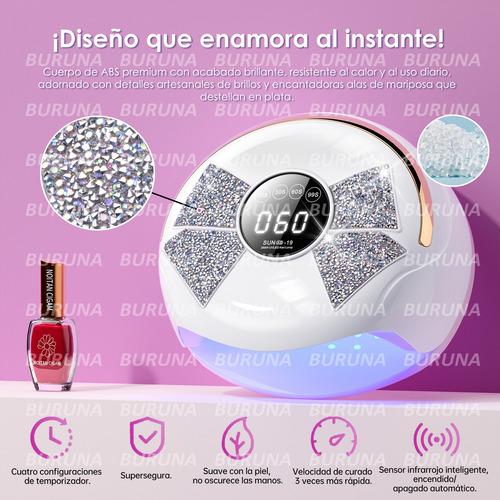 Lampara Para Unas Lampara Led Uv Buruna 288w Lampara Led Uv Lampara Para Uñas Lampara De Uñas Uv Con 4 Ajustes De Temporizador Lámpara De Gel De Curado Portãátil Más Rápido