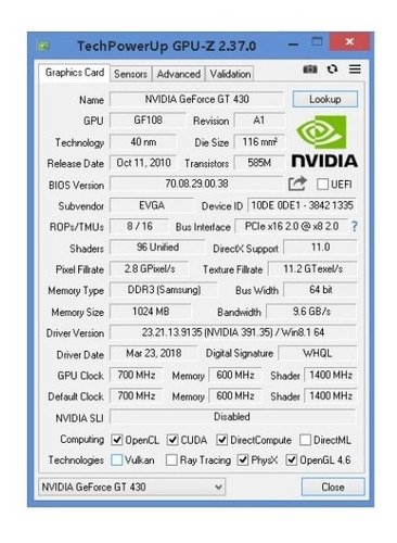 Imagen 1 de 5 de Tarjeta De Video G-force Gt430 1gb Ddr3  (original) D Nvidia