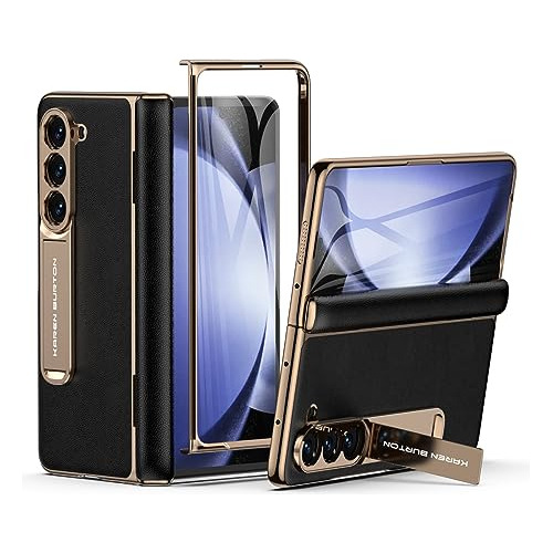 Funda Para Galaxy Z Fold 5 Full Body Luxe Cuero Negro Dorado