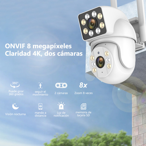 Cámara PTZ Wifi 8MP, 5G, doble lente, zoom 8x, impermeable IP66, con alarma y seguimiento automático, ideal para vigilancia exterior a todo color.
