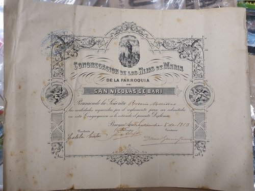 Antiguo Diploma De 1913- Hijas De Maria-admision Para Monja