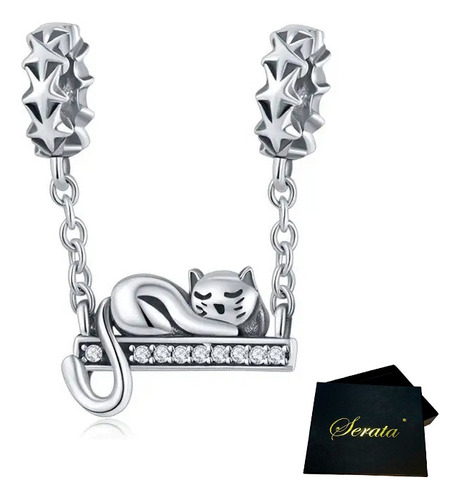 Charm Plata 925 Diseño Gato Con Estrellas Para Mujer