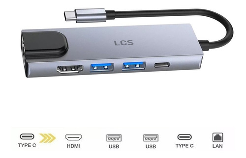 Imagen 2 de 4 de Hub Adaptador 5 En 1 Usb C 3.0 Hdmi 4k Usb Rj45 Dp Usb-c Lcs