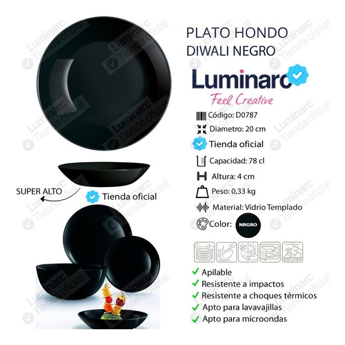 Plato Hondo Luminarc Diwali Templado Colores A Eleccion X4