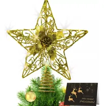 Comprar Gran Estrella Navideña 30cm Punta Árbol Dorada 25 Led Con Luces De Navidad LED, Detalles De Diseño De Flores De Navidad, Viene Con Una Tarjeta De Navidad