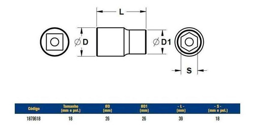 Soquete Sextavado Encaixe 1/2 Crv 18mm Irwin 1879618