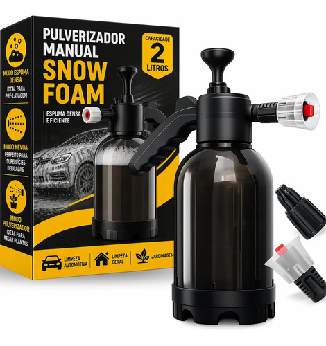 Pulverizador Borrifador Alta Pressão Snow Foam 2L Manual Profissional Com 2 Bicos Espuma Ativa Automotivo Lavagem Carro Moto Limpeza Detalhamento Jardim Uso Geral Híbrido 2 Em 1 Cor Preto Drop Shopy