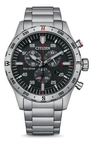 Relógio Citizen Watch AT252089e, cronógrafo e calendário masculinos, cor de malha, prata, moldura, cor de fundo, cinza, preto